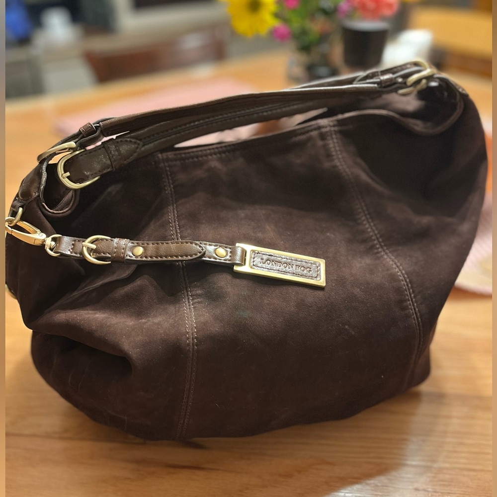 London Fog Brown Suede Leather Hobo Bag